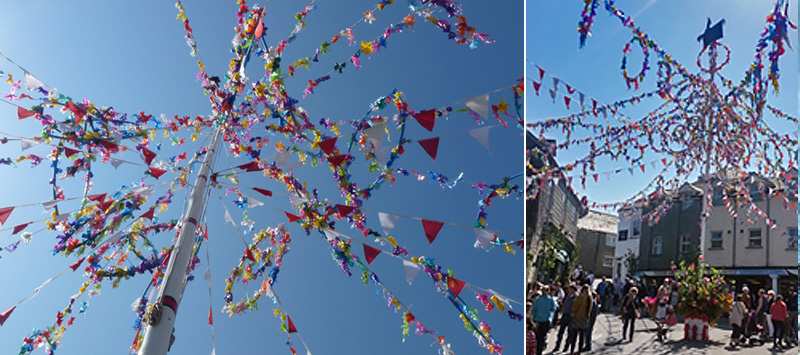May Day maypole against a blue sky in Padstow