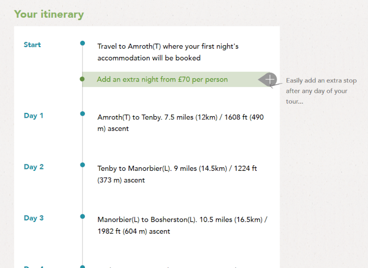A screenshot of the booking page on our website, demonstrating how you can click to add extra nights at any point in your itinerary.