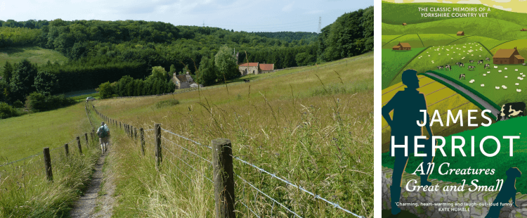Lush fields and deciduous trees feature on the Yorkshire Wolds Way, and here a group of walkers follow a path through the greenery. The cover of Herriot's All Creatures Great and Small sits on the right and depicts the same greenery from a higher vantage point.