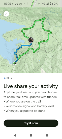 A screenshot of the AllTrails Liveshare feature, allowing the user to share their current walk progress with family and friends.