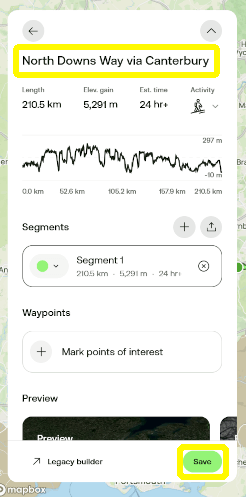 Another screenshot of AllTrails, with the route title and save option highlighted.