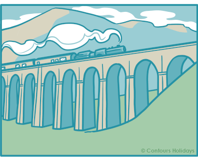 Art in the Contours company colours of a train crossing the Ribbleshead Viaduct in Yorkshire.