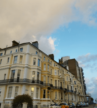 Georgian architecture in Eastbourne: a block of townhouses look spectacular in the evening sun.