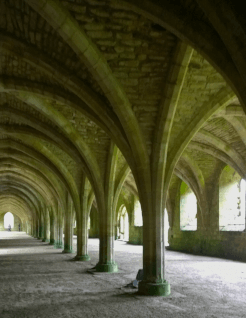 Visitors walk within the vaulted cellars of Fountains Abbey.