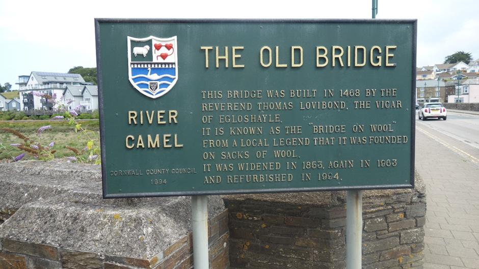 An informative sign about The Old Bridge over the River Camel