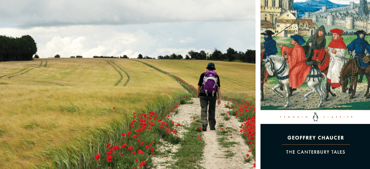 A walker follows the chalk path of the North Downs Way through a field of wheat and poppies, with the Penguin Classics cover of The Canterbury Tales on the right, depicting riders with a castle in the background.