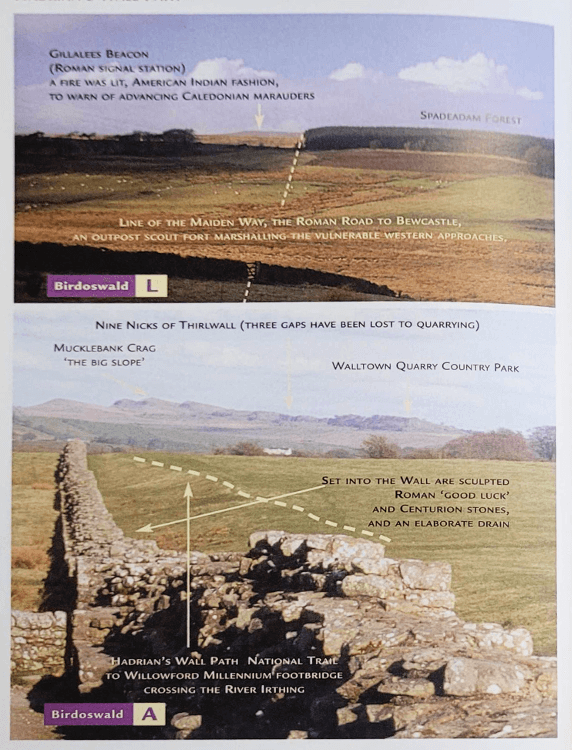 From a Cicerone guidebook, two photographs marked with arrows pointing out important views to Roman soldiers