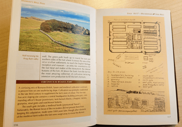 A page from the Cicerone guidebook for Hadrian's Wall Path, including a map of a Roman site