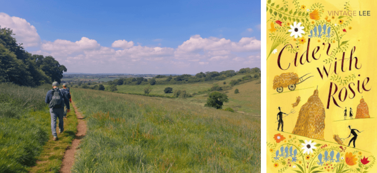 Two walkers follow a path beaten by footfall into a grassy hill on the Cotswold Way. On the right, the cover of Cider with Rosie features haybales and flowers on a golden field.