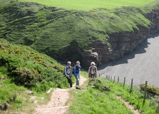 Walkers clamber up a steep coastal track at the start of a long-distance hike from coast to coast.