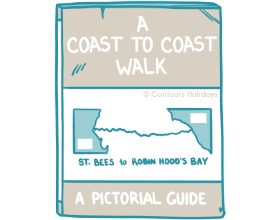 A hand-drawn picture of Wainwright's guidebook for the Coast to Coast Walk. Art drawn by Contours Holidays.