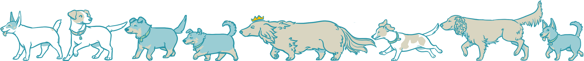 A doodled parade of all the Contours Holidays dogs: a mix of jack russells and Lancashire heelers, with a dachshund and cockerpoo for good measure.