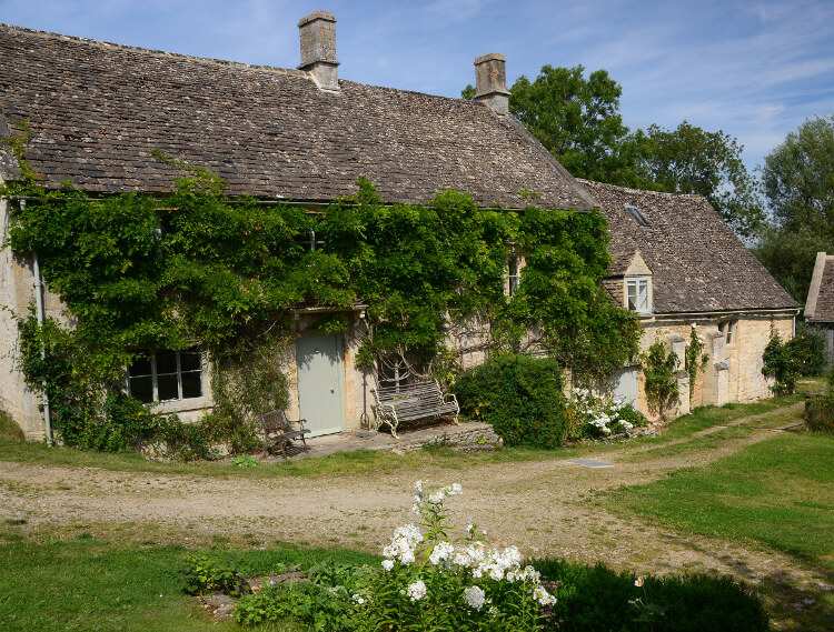 A house heavy with leafy vines on the Cotswold Way, a great nature walk.