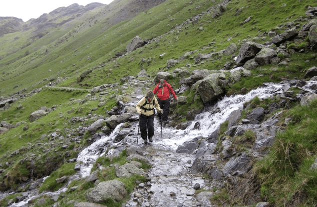 Crossing a burn using waterproof boots.