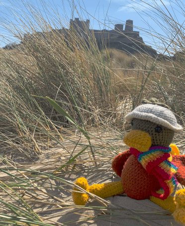 Croutons amongst the dunes with Bamburgh Castle in the background.