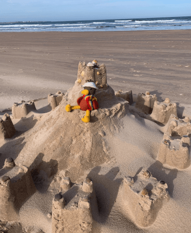 Croutons sits atop a concentric sand castle.