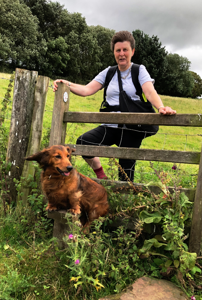 Crossing a stile on the Three Castles Walk