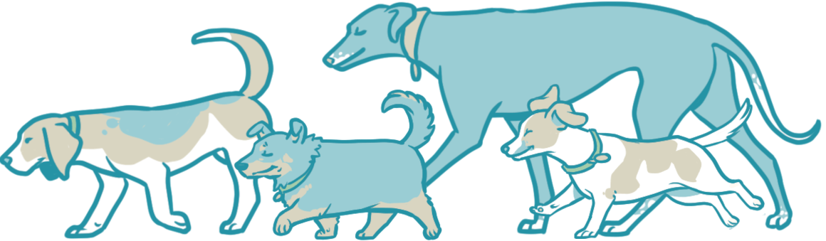 Art in the Contours Holidays colours of three dogs - a beagle, a terrier and a sighthound - walking from right to left across the page.