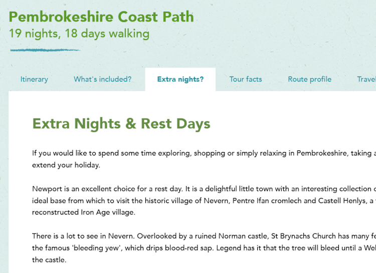 A screenshot of a trail page on our website, with a series of tabs available to provide extra information about an itinerary. The Extra Nights? tab has been selected, and shows Contours' recommendations.