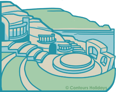 Art in the Contours company colours of Minnack Theatre, a round outdoor theatre cut into the cliffside on the Far West of Cornwall walking holiday.