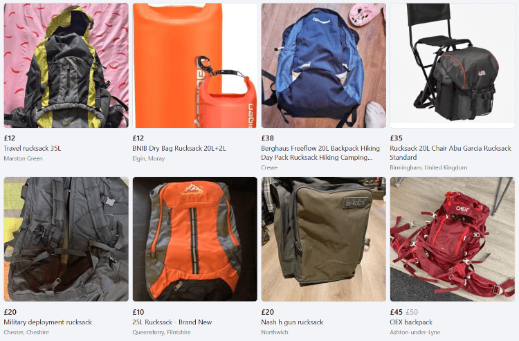 A screenshot of Facebook Marketplace, with an array of rucksacks available for second-hand purchase.