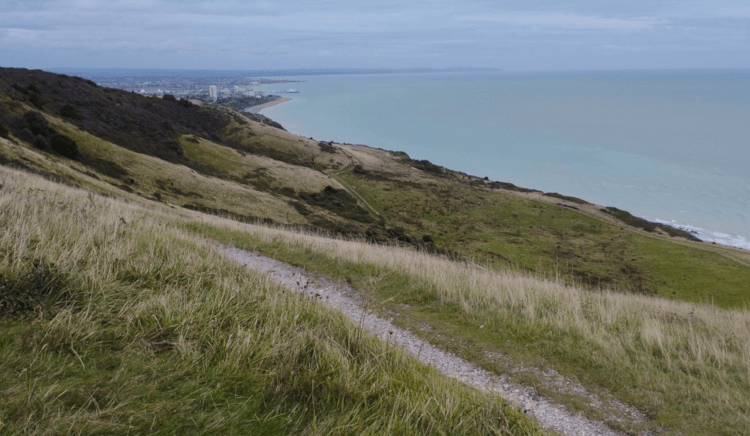 A web of well-worn footpaths tangle on the grassland over Eastbourne.