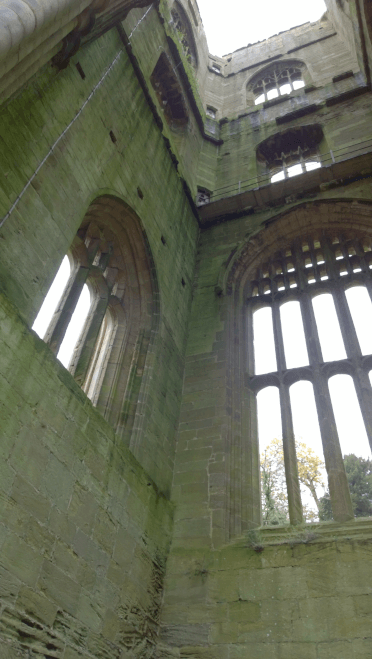 Looking up inside the ruin of Fountains Abbey's tower. The floors have all rotted away, leaving a clear view up to the sky.