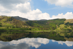 Windermere's far shore is green with bushy trees.