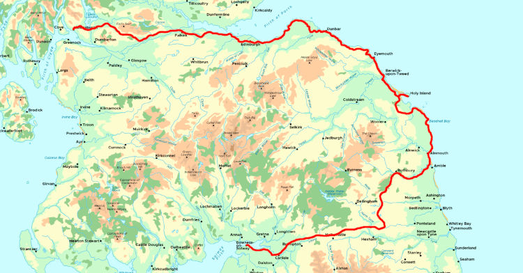 A good tour for grey gappers is plotted on a map of Scotland and England, tracing the path of the John Muir Way, Forth to Farne Way, St Oswald's Way and Hadrian's Wall Path all the way from Helensburgh to Bowness-on-Solway.