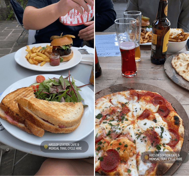 Meals on the table at the Hassop Station Cafe, including a toastie, a burger and a pizza.