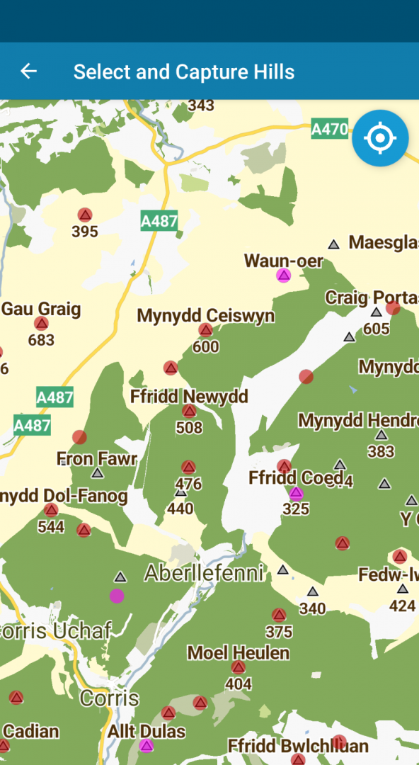 Hillwalker GPS's map, showing all the peaks in the surrounding area.