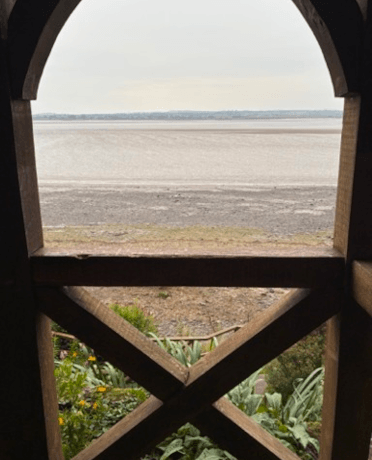 Views through the wooden hut at the start of Hadrian's Wall Path.