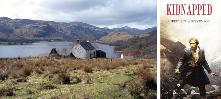 A stone cottage sits amongst cleared scenery, with trees and a loch in the distance and the cover of Stevenson's Kidnapped on the right, depicting a man in period dress out on the Scottish moors.