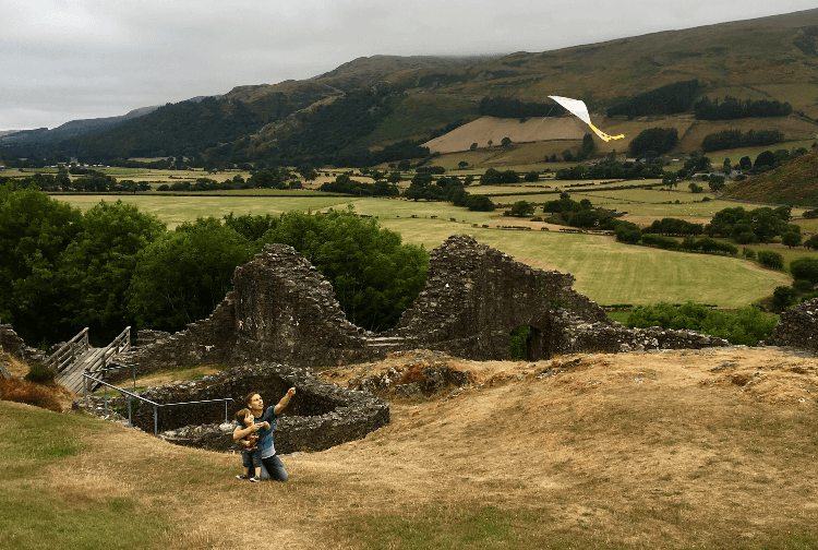 Flying a kite over Castell y Bere.