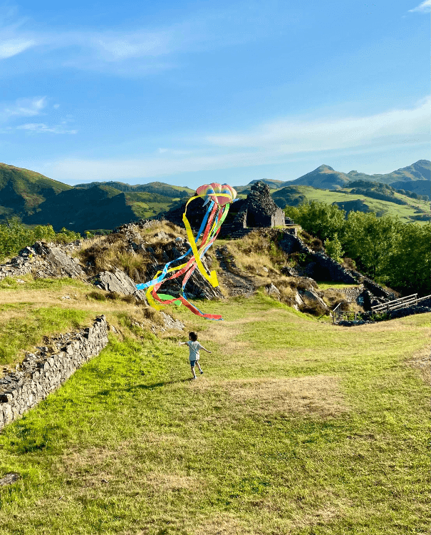 A child running through the Castell y Bere grounds flying a kite.