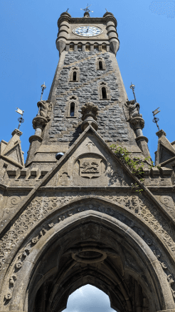 An upward view of Machynlleth clock tower.