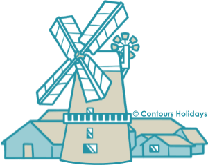 Art of a windmill and a cluster of farm buildings on the Norfolk Coast Path walking holiday.