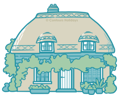 Art of a striking thatched cottage found on the North Downs Way.