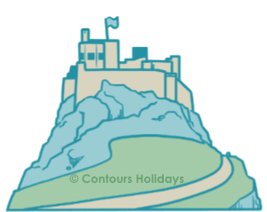 A drawing of Lindisfarne on the Northumberland Coast Path, a great walking holiday for beginners.