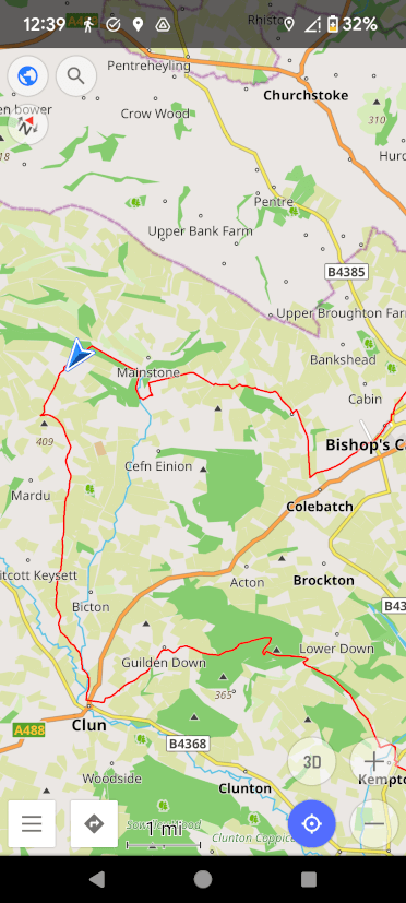 A screenshot of the OsmAnd navigation app with a Contours route GPX displayed as a red line on the map.