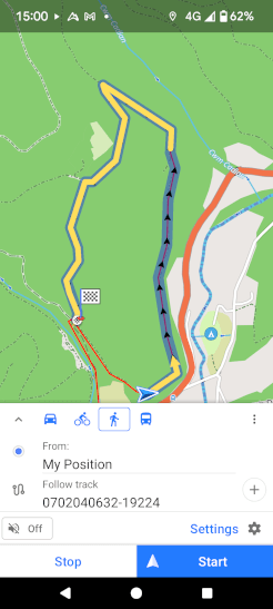 A screenshot of OsmAnd about to navigate along a GPS route.