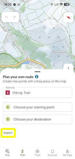 The Plan your route panel on the OutdoorActive app, with Import highlighted to help upload a GPX file.