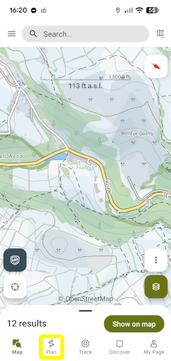 A screenshot of the OutdoorActive navigation app with Plan highlighted at the bottom.