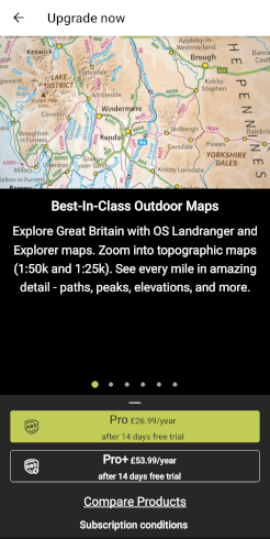 A screenshot of the upgrade screen of the Outdoor Active app, showing the change to Ordnance Survey mapping.