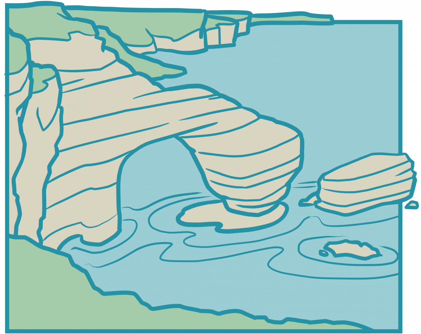 A drawing of a rock arch spanning beach and sea on the Wales Coast Path