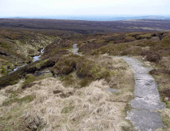 Flagstones raise the path above bogland on the Pennine Way, making the challenge more manageable.