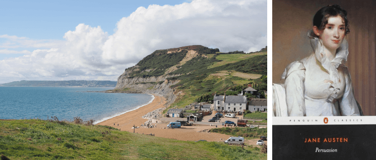 A view over a pretty sun-drenched cove on the South West Coast Path in Dorset. The cover of Austen's Persuasion, seen on the right, features a pale woman in fine silks.
