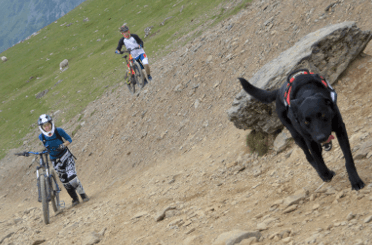 Two ebikers push their bicycles up a steep section of the Llanberis Path up Snowdon.