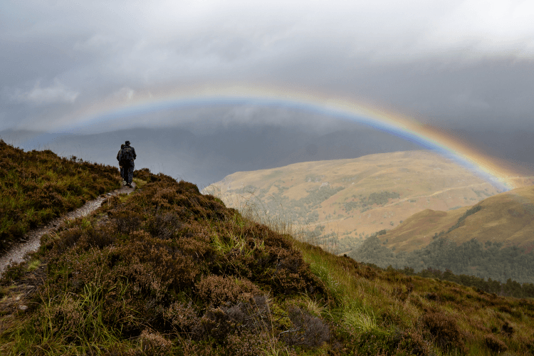 Rain on the West Highland Way showers down on walkers crossing exposed moorland.