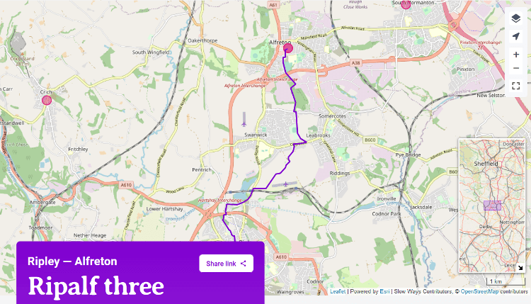 The Ripalf Three route as seen on the Slow Ways website.